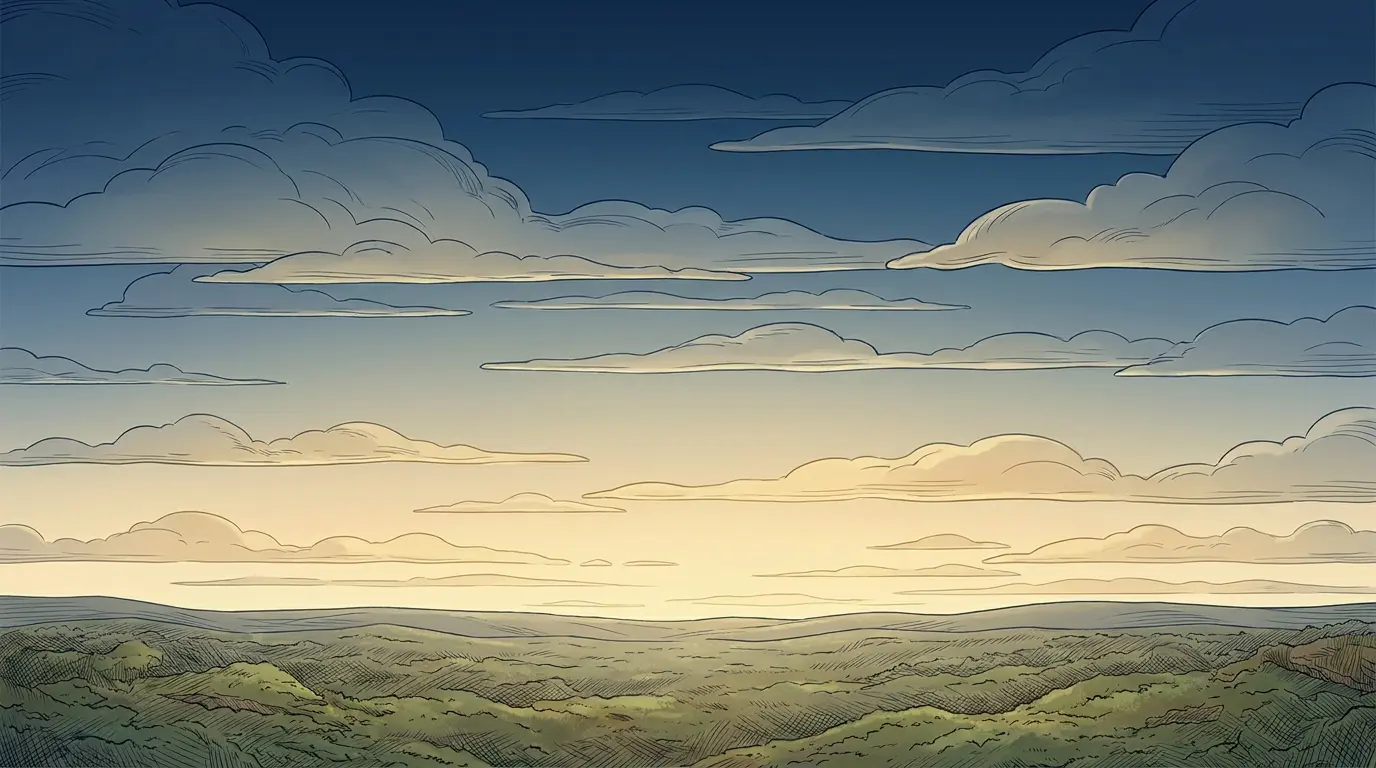 Layered clouds in expansive sky with golden horizon glow