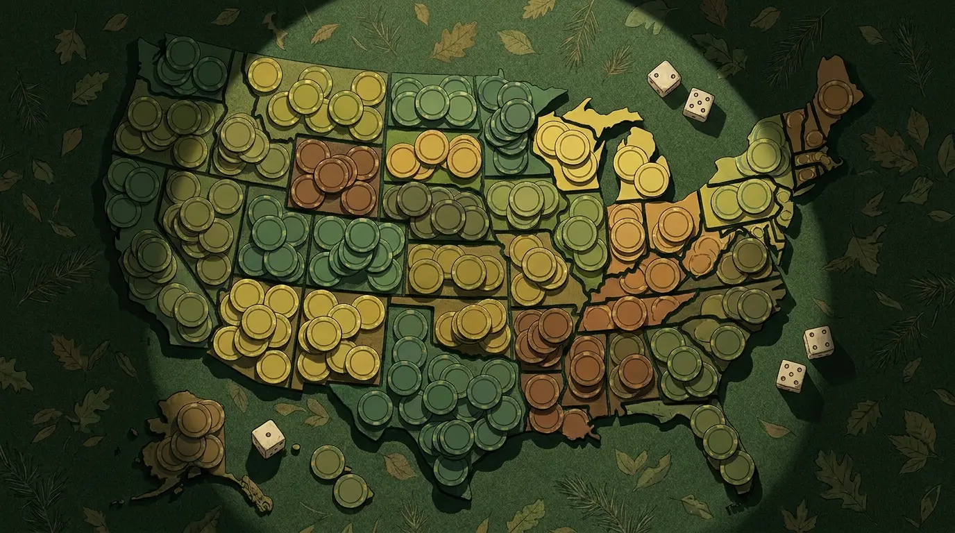 Casino chips and dice arranged in pattern representing US states