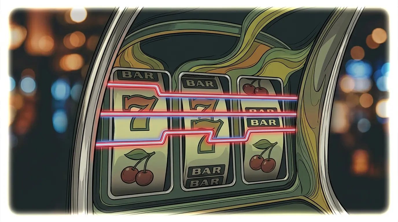 Slot machine reels with glowing paylines crossing through symbols